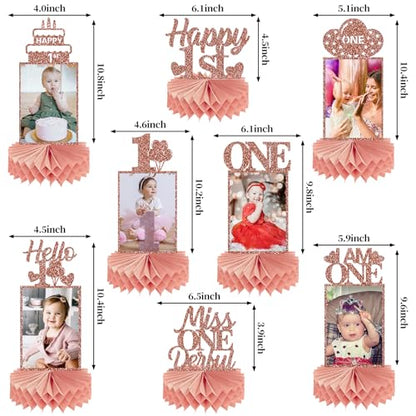 Guiruiy 8Pcs 1st Birthday Decorations Honeycomb Centerpieces for Girls, Pink Rose Gold Glitter First Birthday Photo Table Centerpieces Party Supplies, Pink Sweet One Bday Photo Table Topper - style: Rose Gold 1st