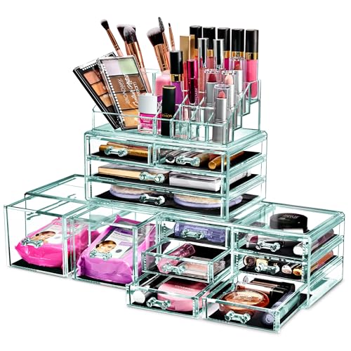 Sorbus Large Makeup Organizer - Clear Stackable Jewelry & Makeup Organizer For Vanity, Bathroom Storage, Dresser - 12 Drawers Cosmetic Beauty Organizers and Storage with Lipstick, Makeup Brush Holder - color: Teal Thrill