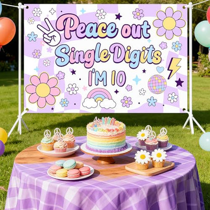 Peace Out Single Digits Party Decoration Backdrop Purple Peace Out Single Digits I'm 10 Boho Hippie 10 Years Banner Groovy 10th Birthday Decor for Girls Daisy Groovy Tenth Bday Photo Props 5 * 3ft