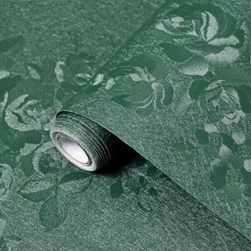 Dark Green Wallpaper Embossed Floral Peel and Stick Wallpaper 197inL78.7inW Contact Paper for Cabinet Drawers Pure Green Flower Contact Paper Textured Self Adhesive Thicken Bathroom Waterproof - color: Dark Green, size: 17.7" x 197"