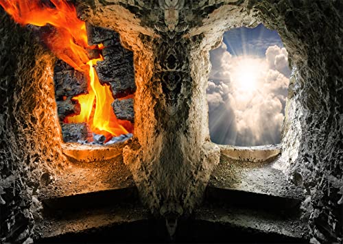 BELECO 8x6ft Fabric Stairs to Heaven and Hell Photography Backdrop Angels and Devils Vintage Stone Cave Gate Background Jesus Christ Religious Church Event Bible Story Halloween Party Decor Photo Prop - size: 8x6FT