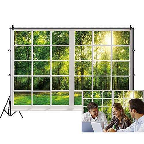Renaiss 5x3ft Spring Window Scenery Backdrop Polyester White Window Sunshine Green Forest Trees Grass Natural Landscape Wonderland Photography Background for Wedding Baby Party Decor Photo Props - color: WSNWH17968, size: 5x3ft
