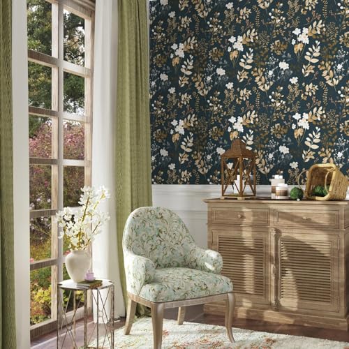 Laatse Navy Floral Wallpaper Peel and Stick Boho Wallpaper Vintage Blue/Gold Leaf Contact Paper Waterproof Self Adhesive Modern Wall Paper for Cabinet Walls Kitchen 17.5in x118in - color: Blue&White, size: 118" x 17.5"