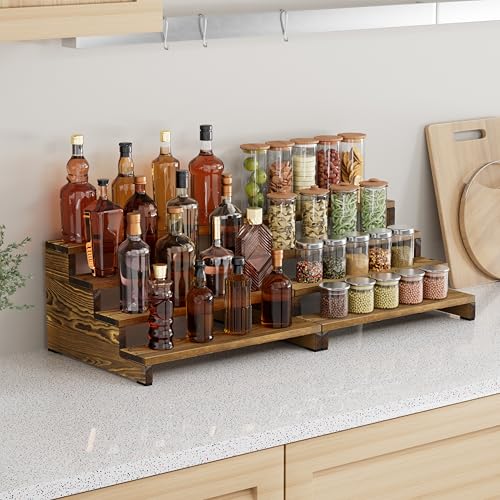 ZUJJAFY Cologne Organizer for Men, 4 Tier Wooden Cologne Stand Mens Fragrance Shelf, Tiered Wood Risers Display Stands for Perfume, Cupcake, Figures, Dessert - color: Carbonized