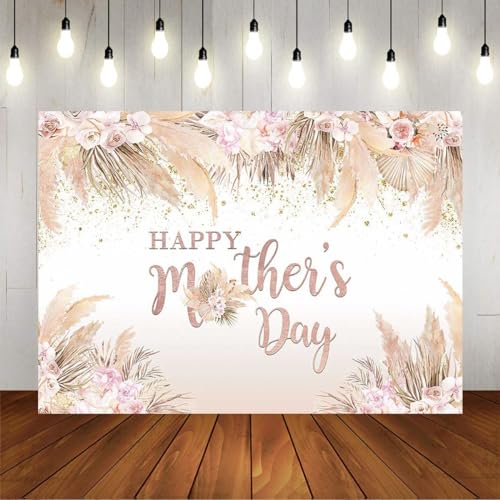 Mocsicka Happy Mother's Day Backdrop Boho Chic Pink Flowers Mothers Day Birthday Background for Women Vinyl Bohemian Pampas Grass Mom's Day Party Cake Table Decorations Photo Booth (10x7ft-2) - size: 10x7ft-2
