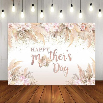 Mocsicka Happy Mother's Day Backdrop Boho Chic Pink Flowers Mothers Day Birthday Background for Women Vinyl Bohemian Pampas Grass Mom's Day Party Cake Table Decorations Photo Booth (10x7ft-2) - size: 10x7ft-2