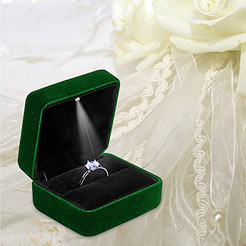 Ring Box with LED Light Velvet Emerald Jewelry Box - color: Emerald Green