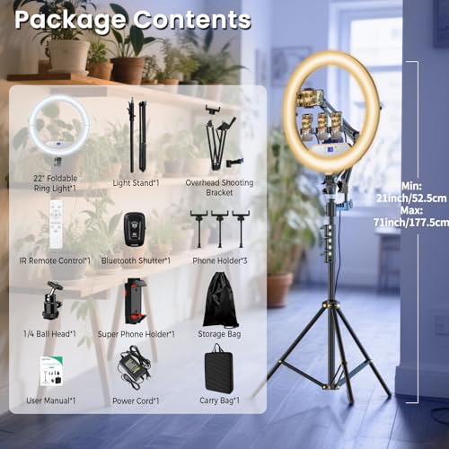 22" Foldable Large Ring Light with Stand for iPhone iPad,75" Tripod with Overhead Shooting Bracket 50W 6500K 4 Clips/LCD Display/2 USB PortsTattoo Barber Makeup Studio Video Photography Lighting - size: 22 inch Foldable with Tripod