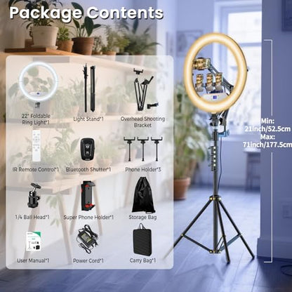 22" Foldable Large Ring Light with Stand for iPhone iPad,75" Tripod with Overhead Shooting Bracket 50W 6500K 4 Clips/LCD Display/2 USB PortsTattoo Barber Makeup Studio Video Photography Lighting - size: 22 inch Foldable with Tripod