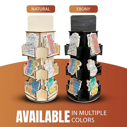 Rotating Display Stand, 3 Tier Wooden Organizer, 4-Sided Display Rack, 360 degree Spinning Multi-Pocket Tabletop Display Stand for Coasters, Stickers, Retail, Showcase, Tradeshow, 17”H, Natural - style: NATURAL