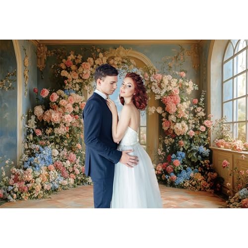 5x3ft Flower Wall Backdrop Photography European Style Oil Painting Floral Wedding Background Women Girls Lady Birthday Party Decorations Wedding Bridal Shower Banner Supplies Props Video - color: pink and blue, size: 5x3ft