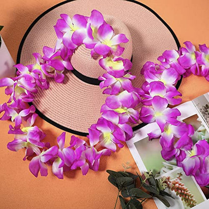 Sherr 24 Pcs LED Purple Leis Light up Wedding Hawaiian Leis Flower Necklace with LED Lights Beach Tropical Carnival Party Wedding Supplies Luau for Masquerade - color: Purple