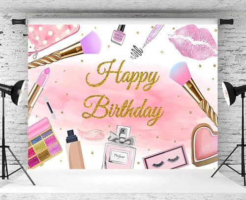 7x5ft Spa Happy Birthday Backdrop for Girls Pink Cosmetics Photography Background Birthday Makeup Theme Party Sweet 16th Decoration Supplies Photo Booth Props - size: 7x5ft