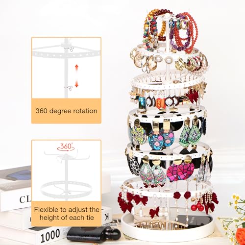 17Dec 6 Tier Rotating Jewelry Organizer Stand, 230 Holes Earring Holder Organizer for Women Girls, Spinning Earring Tree with Ring Holder, Wide Base for Bracelets Watches Lipstick - color: 6-Tier Earring Tower,White
