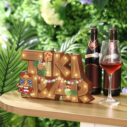 Geetery LED Tiki Bar Sign Wooden Tiki Bar Decor Hawaiian Luau Party Decoration Rustic Table Decorations LED Light Plaque for Aloha Hawaii Tropical Birthday Party Photo Props Patio Home Kitchen