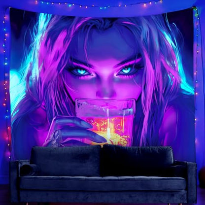 WEBEEDY Black Light Cool Anime Girl Tapestry for Bedroom, UV Reactive Aesthetic Tapestry Glow in The Dark Party Backdrop Decoration for Dorm Living Room Home Photo Shoot Prop (59"x51"/150x130cm)
