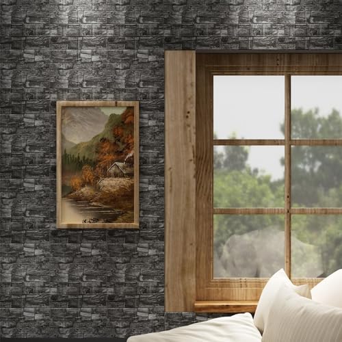 3D Wall Panels Peel and Stick in Black Grey, 40 PCS XPE Foam 3D Wallpaper, Faux Brick Wall Panels for Bedroom, Stairs, Kitchen - color: Black Rock, size: 40PCS