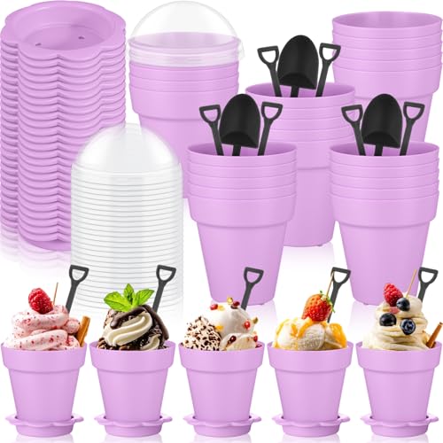 Honeydak 25 Pack Flowerpot Dessert Cup Plastic Cake Cups with Lid Shovel Spoon Mini Flower Pot Dessert Cups Ice Cream Yogurt Cupcake Holder Containers for Birthday Party Supplies DIY Baking (Purple) - color: Purple