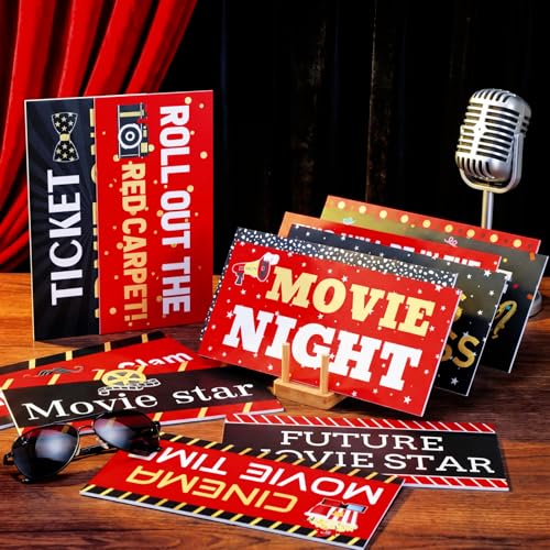 Beeveer 24 Designs Movie Party Photo Booth Props Double Sided 11.02 x 5.51'' Photo Booth Props Movie Party Decorations DIY Water Proof Selfie Signs PVC Printing for Red Carpet Night Parties Supplies - color: Black Red, style: Movie