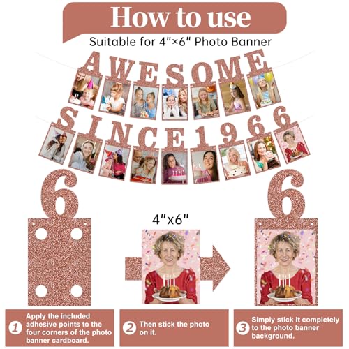 Pre-strung Awesome Since 1966 Photo Banner Birthday Decorations for Women- Pink Rose Gold Glitter 60th Birthday and Anniversary Decorations Party Supplies - style: Pink Rose Gold 60th