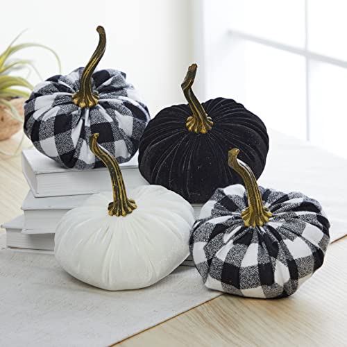 Your Heart's Content Set of 4 Small Velvet and Flannel Pumpkins, Black and White Buffalo Plaid Decor, Black Pumpkin Shelf Sitters, Farmhouse Bowl Fillers, Halloween (2 Buffalo Plaid, Black, Ivory) - color: 2 Buffalo Plaid, Black, Ivory