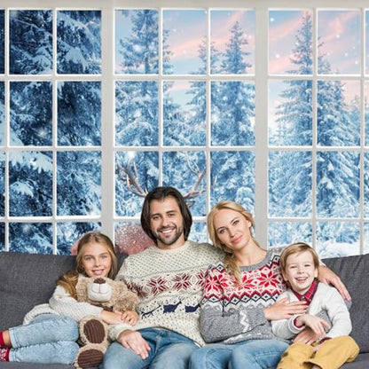 10x8ft Winter Reindeer Backdrop Snow Forest Window View Photography Backdrop Snow Wonderland Background Photo Prop Christmas Winter Tapestry for Wall Decor - size: 10x8ft-Polyester