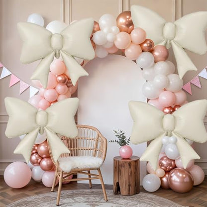 6PCS Cream Bow Balloons, 35 Inch Beige Bow Foil Balloon, Cream White Matte Helium Balloons, for Girls Women Birthday Wedding Engagement Valentine’s Day Proposal Baby Shower Party Decoration - style: Matt Bow Cream