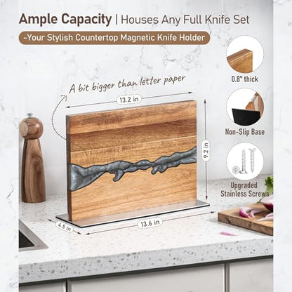Magnetic Knife Holder Block for Countertop, No Drill Acacia Wood Stand with Epoxy Resin Art & Strong Magnets - Fits Chef Knives & Scissors & Bar Tools (No Knives Included)