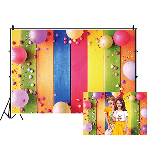 Renaiss 5x3ft Colorful Wood Backdrop Polyester Colorful Balloons Small Round Balls on Rustic Wooden Board Wall Photography Background for Baby Shower Kids Adults Birthday Party Decor Photo Props - color: WSNKY03270, size: 5x3ft