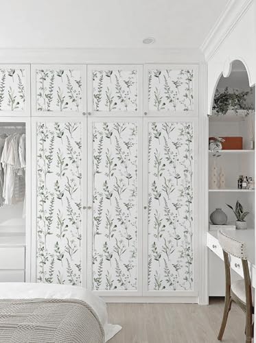 Peel and Stick Wallpaper Green Leaves Wall Paper White Boho Contact Paper 17.3"×78.7" Left Self-Adhesive Removable for Bedroom Leaf Waterproof Shelf Liner Decal Vinyl Roll - color: Green, size: 17.3" x 78.7"