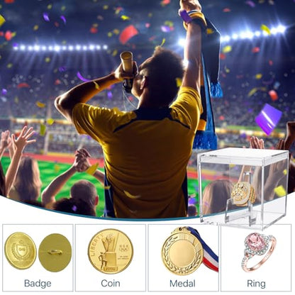 16 Pcs Championship Ring Display Case, 2.17 Inch Acrylic Single Ring Holder with Wooden Stand Base, Small Clear Football Baseball Rings Holder Display Box for Sports Fan Super Bowl Souvenirs