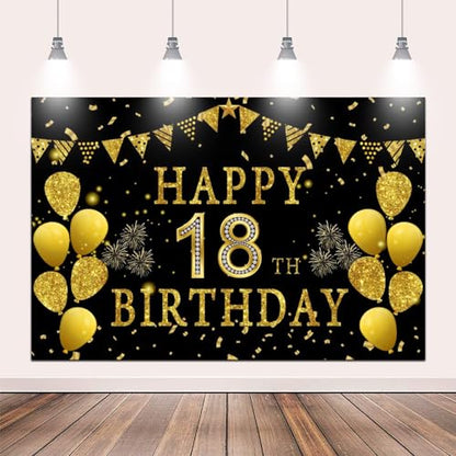9x6ft Happy 18th Birthday Party Photography Backdrop, Glitter Black and Gold Balloons Background for Girl Boy 18th Bday Shining Diamond Eighteen Years Old Birthday Party Supplies - color: 18th, size: 9x6ft