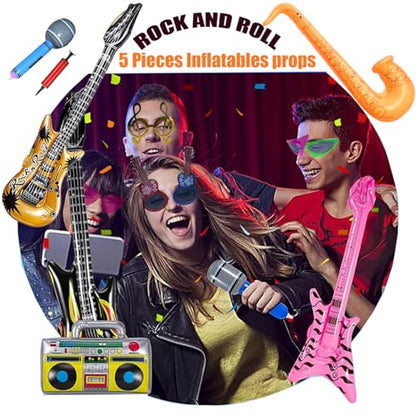 50 Pcs Rock Party Photo Booth Props Set for Adults, Funny Rock Star Party Sunglasses, Hats, Wigs, Inflatable, Photo Booth Props Kits for Graduation, Wedding, Birthday, Bachelorette and All Occasions