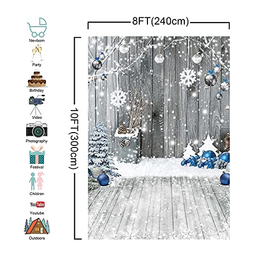 8x10ft Polyester Fabric Christmas Backdrop for Photography Winter White Snowflake Wood Wall Background Party Supplies Wood Floor Banner Decoration for Kids Portrait Photo Studio Booth - color: White, size: 8'x10'