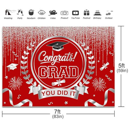 Graduation Backdrop Congrats Grad You Did It Party Decorations Background Congratulations Graduate Class of 2026 Banner Photo Booth Props (Red and Silver, 7x5ft) - color: Red and Silver