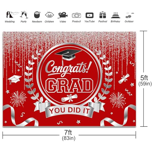 Graduation Backdrop Congrats Grad You Did It Party Decorations Background Congratulations Graduate Class of 2026 Banner Photo Booth Props (Red and Silver, 7x5ft) - color: Red and Silver