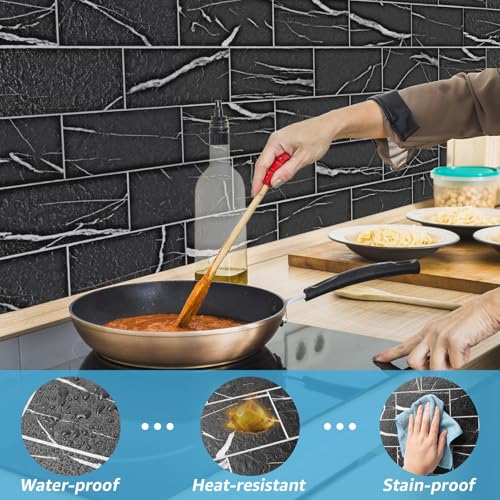 Art3d 102-Piece Faux Stone Peel and Stick Backsplash Tile, Waterproof Thick PVC Stick On Subway Wall Tile for Kitchen Bathroom Laundry Room Fireplace - 3" x 6" Black Marble - color: Black Marble
