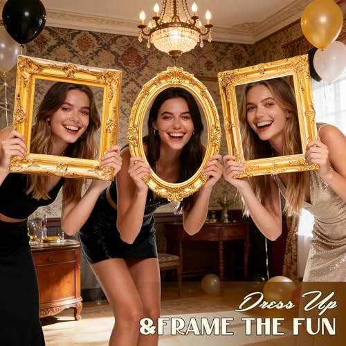 Large Gold Vintage Picture Frame Set of 3 - Cardboard Photo Booth Props for Weddings & Parties,Big Selfie Frame with Oval and Square Shapes,Jumbo Photo Props and Decorative Frames