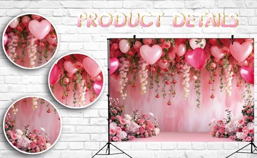 Flowers Wall Backdrop Pink Flowers Love Heart Balloons Romantic Photography Background Wedding Anniversary Birthday Valentines Party Decorations Banner Supplies (8x6FT) - size: 8x6FT