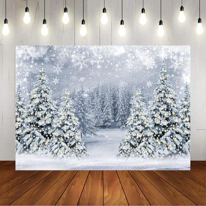 Mocsicka Winter Scene Backdrop Snowy Christmas Pine Tree Halo Spots Photography Background Blue Wonderland Snowflake Forest Party Holiday Photoshoot Props (White, 10x8ft) - color: white, size: 10x8ft