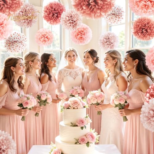 NICROLANDEE Wedding Decorations - 12 PCS Rose Gold Tissue Paper Pom Poms for Engagement Party Wedding Birthday Bridal Shower Bachelorette Baby Shower Ceiling Valentine's Day Party Backdrop Decor - style: Rose Gold