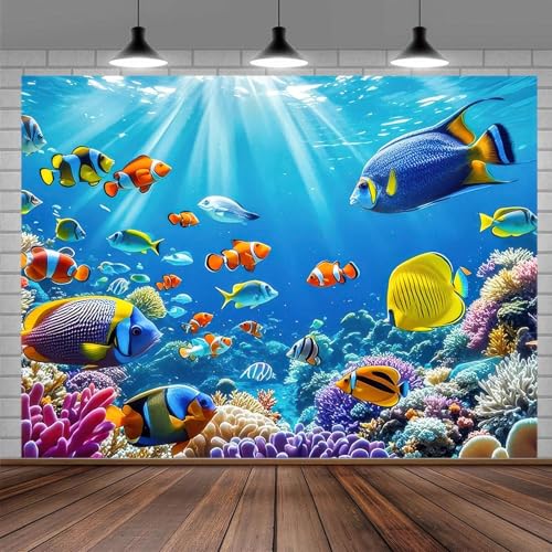 BlissYard 8x6ft Background Photo Prop Under The Sea Photography Backdrop Ocean Underwater World Background Photo Banner Ocean Theme Colorful Fish Swimming Party Decorations Photo Backdrop - color: Under The Sea Backdrop#5
