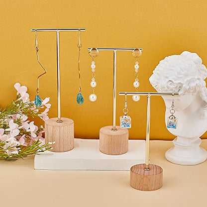 FINGERINSPIRE Gold Metal 3 Pcs T Bar Earring Display Stand with Wooden Base Jewelry Holders Hanging Jewelry Organizer for Store Retail Photography Props【Gold- Round Base, 6.3&5.5&4.6 Inch Height】 - color: Gold- Wood Round Base, 6.3&5.5&4.6 Inch Height