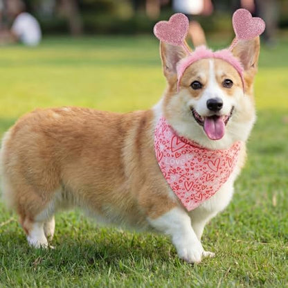 Sadnyy 9 Pcs Valentines Day Dog Outfits Set Puppy Valentines Costume Including Pet Glitter Heart Headband Bandana Triangle Scarf and Heart Shaped Chew Toy for Small Medium Pet Holiday Party
