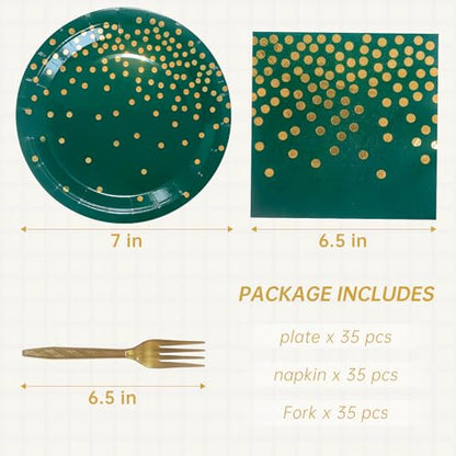 Green Paper Plates and Napkins Party Supplies,Serve 35 Guests 7 Inch Dark Green and Gold Party Plates and Napkins for Wedding Graduation - color: Dark Green Gold Dot Paper Plate