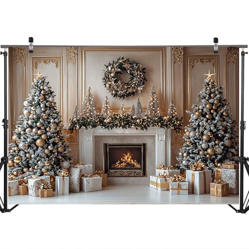 Mocsicka Christmas Fireplace Backdrop Gold Christmas Tree Fireplace Background Photography Decorations Christmas Eve Background Photo Props (7x5ft) - size: 7x5ft