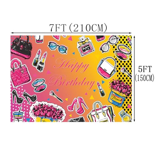 Happy Birthday Backdrop Girl Birthday Photography Background Lipstick Cosmetic High Heels Birthday Party Decorations Banner Photo Supplies Studio Props LHC138 7X5FT