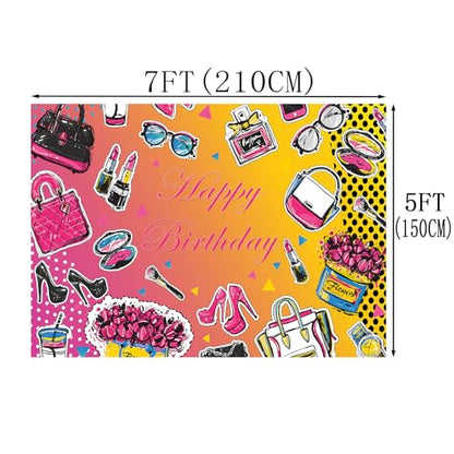 Happy Birthday Backdrop Girl Birthday Photography Background Lipstick Cosmetic High Heels Birthday Party Decorations Banner Photo Supplies Studio Props LHC138 7X5FT