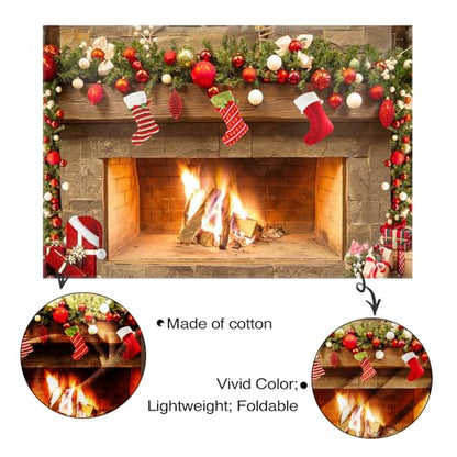 Mocsicka 7x5ft Fireplace Backdrop Christmas Fireplace Photography Background for Wall Winter Holiday Family Merry Christmas Eve Party Decorations Banner Portrait Photo Booth Props ﻿ - size: 7x5ft