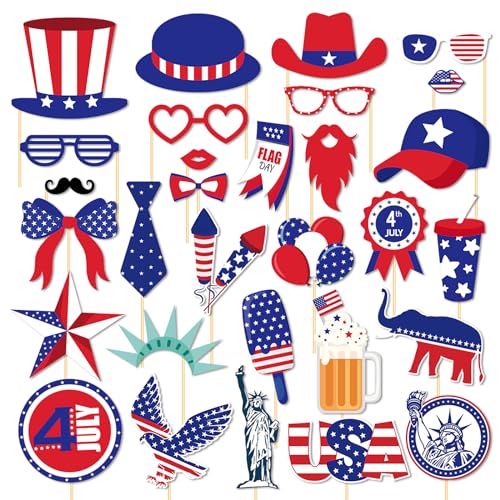 30 Pcs 4th of July Photo Booth Selfie Props Kit for Independence Day Party Game Decorations, American Patriotic Theme Labor Parade DIY Decors Supplies Flag Uncle Sam Hat Lip Style for People Photo